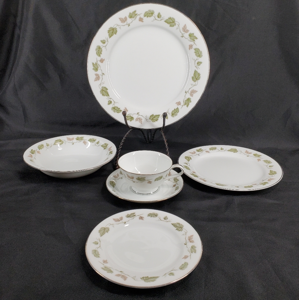 1 Setting Noritake Vineyard 6449 Dinnerware Brown Green Leaves Vine Platinum Rim